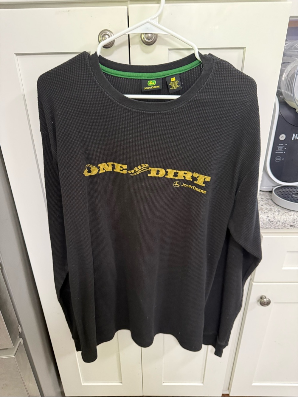 John Deere Black Long-Sleeve Waffle Knit Shirt with Yellow 'One Dirt' Graphic